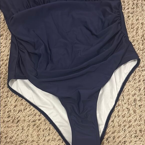 NWT BloomChic Blue One Piece Swimsuit with V-Neck and Textured Design - Picture 4 of 11